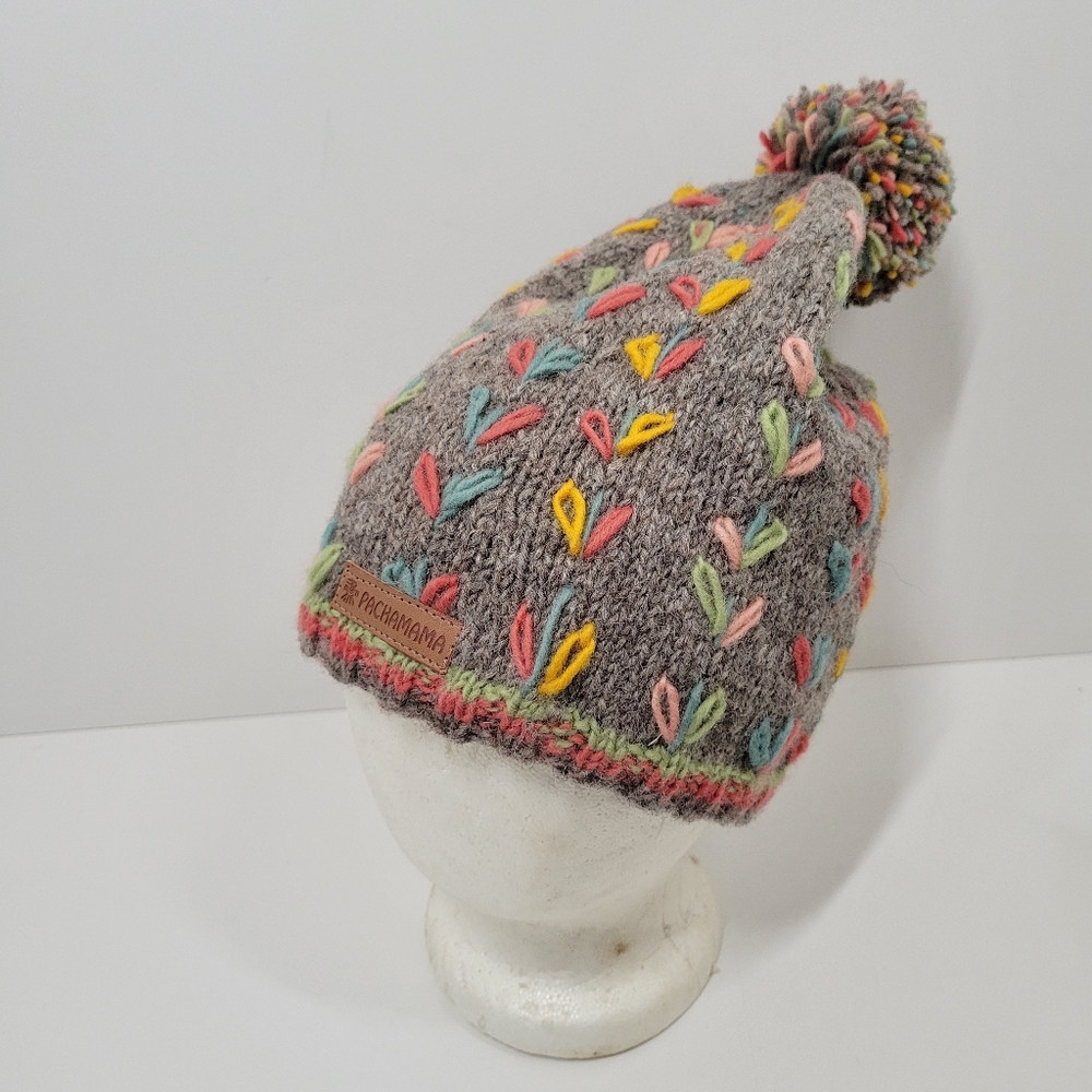 Pachamama Gray Floral Bobble Fleece Lined Pompom 100% Wool Hand Knit Beanie Hat
